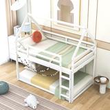 Pine Wood Twin Over Twin Low Bunk Bed with House-Shaped Frame and Ladder