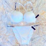 Victoria's Secret Swim | 36c Xl Vs Shine Strap Bali Bombshell Add-2-Cups Push-Up Swim Top | Color: Silver/White | Size: 36c