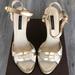 Louis Vuitton Shoes | Louis Vuitton Off-White/Tan Satin Ankle-Strapped Platforms Heels Sz35 Authentic | Color: Cream/Gold | Size: 5