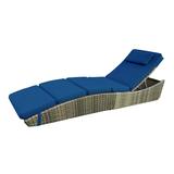 Outdoor Sun Bathing Wicker 5 Adjustable Position Chaise Lounge with Blue Cushion Folding Sun Lounger Chair Patio Backrest Pillow