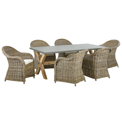 Gartenmöbel Set 7-teilig Natürlich Rattan Tisch 200 x 100 cm Rechteckig Grau Faserzement mit 6 Stühlen Auflagen Cremeweiß Baumwolle Terrasse