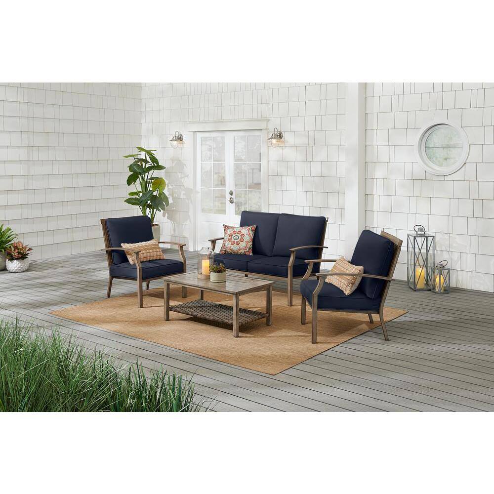 Hampton Bay Geneva 4-Piece Wicker Outdoor Patio Conversation Deep Seating Set with CushionGuard Midnight Navy Cushions