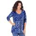 Plus Size Women's Long-Sleeve V-Neck Ultimate Tee by Roaman's in Navy Swirly Leaves (Size 38/40) Shirt