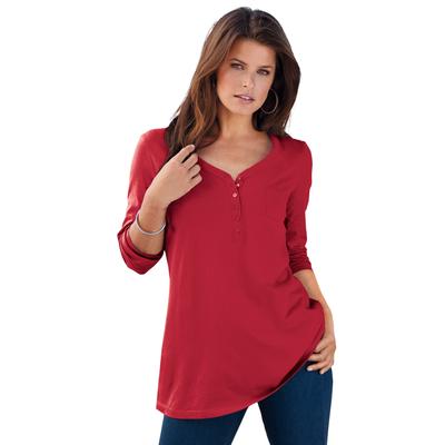 Plus Size Women's Ultimate Long Sleeve Henley Tee with Sweetheart Neck by Roaman's in Classic Red (Size 6X) 100% Cotton Shirt