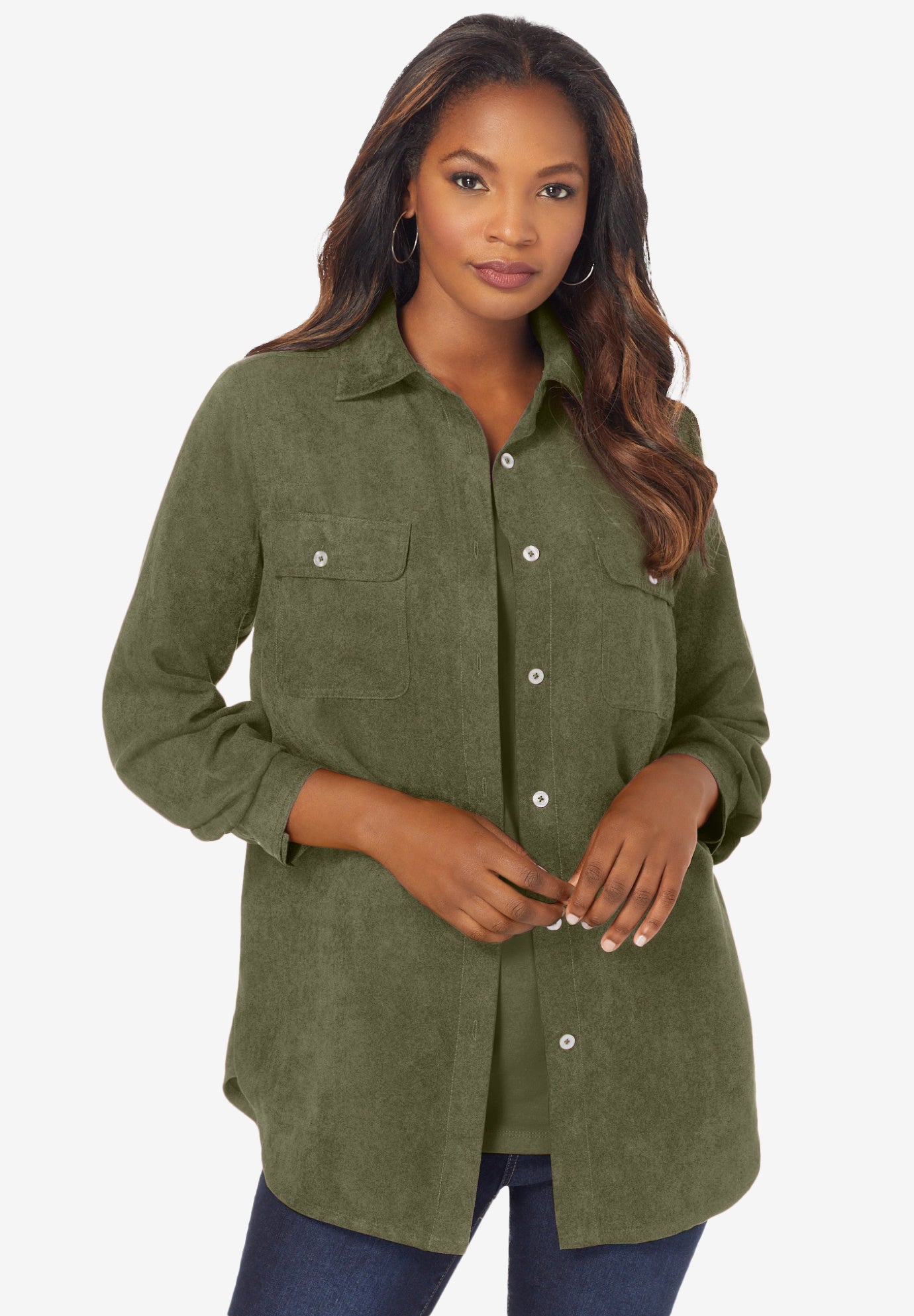Plus Size Women's Faux Suede Button-Front Shirt by Roaman's in Dark Olive Green (Size 36 W) Button Down