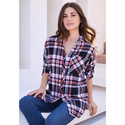Plus Size Women's Plaid Flannel Tunic by Roaman's in Black Coral Plaid (Size 38 W) Plaid Shirt
