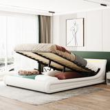 Queen Size Upholstered Leather Platform bed with a Storage System with LED Light Headboard