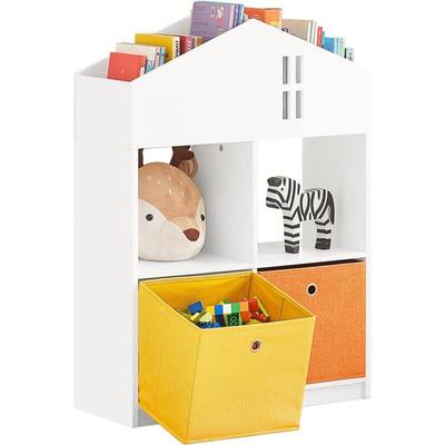 KMB49-W Kinder Bücherregal mit Haus-Design Kinderregal mit 2 Stoffboxen Spielzeugregal