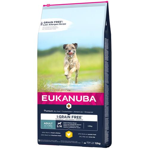 Sparpaket: 2x12kg Eukanuba Grain Free Adult Small / Medium Breed Huhn Hundefutter trocken