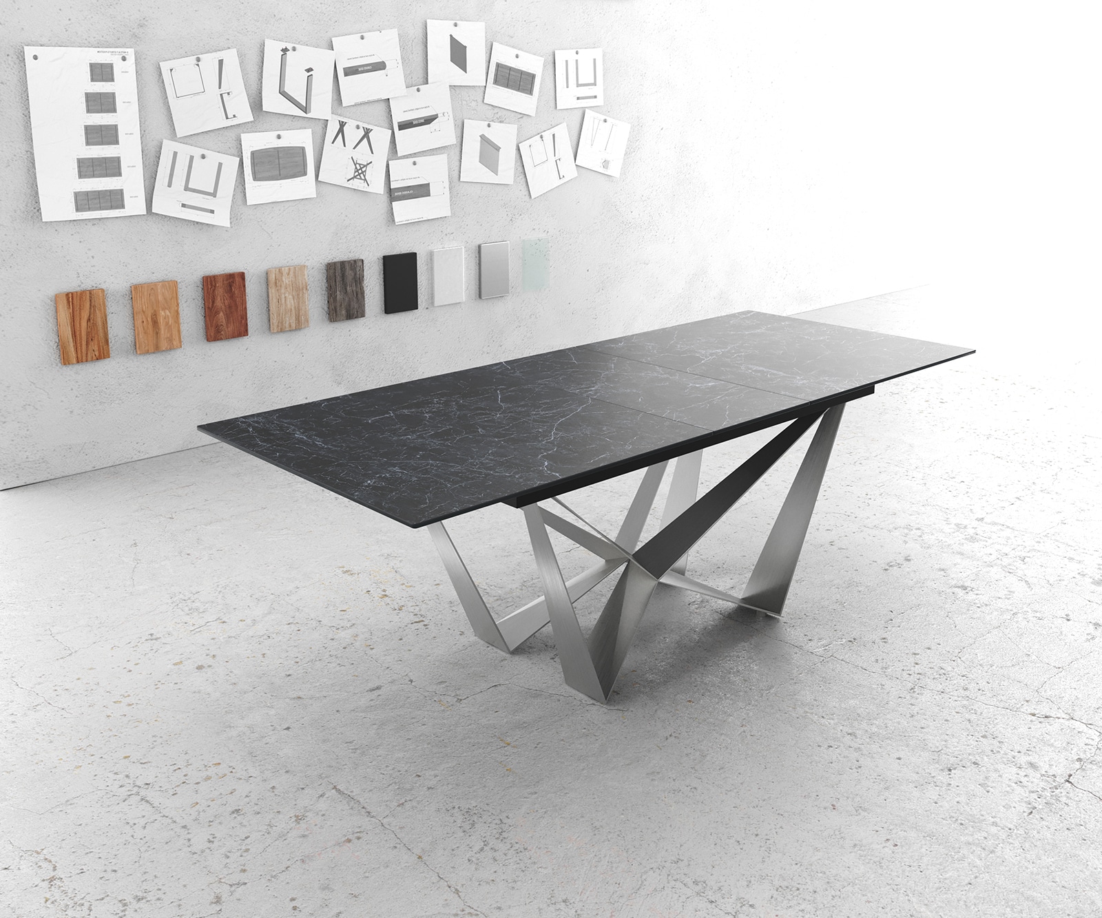 DELIFE Esstisch Edge 180-220x90cm Keramik Laminam®Nero Greco Anthrazit Mittelfuß Flachstahl Silber ausziehbar, Esstische Image
