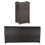 Suncast Trash Hideaway Resin Wicker Style Garbage Bin & 99 Gallon Deck Box, Java - 38