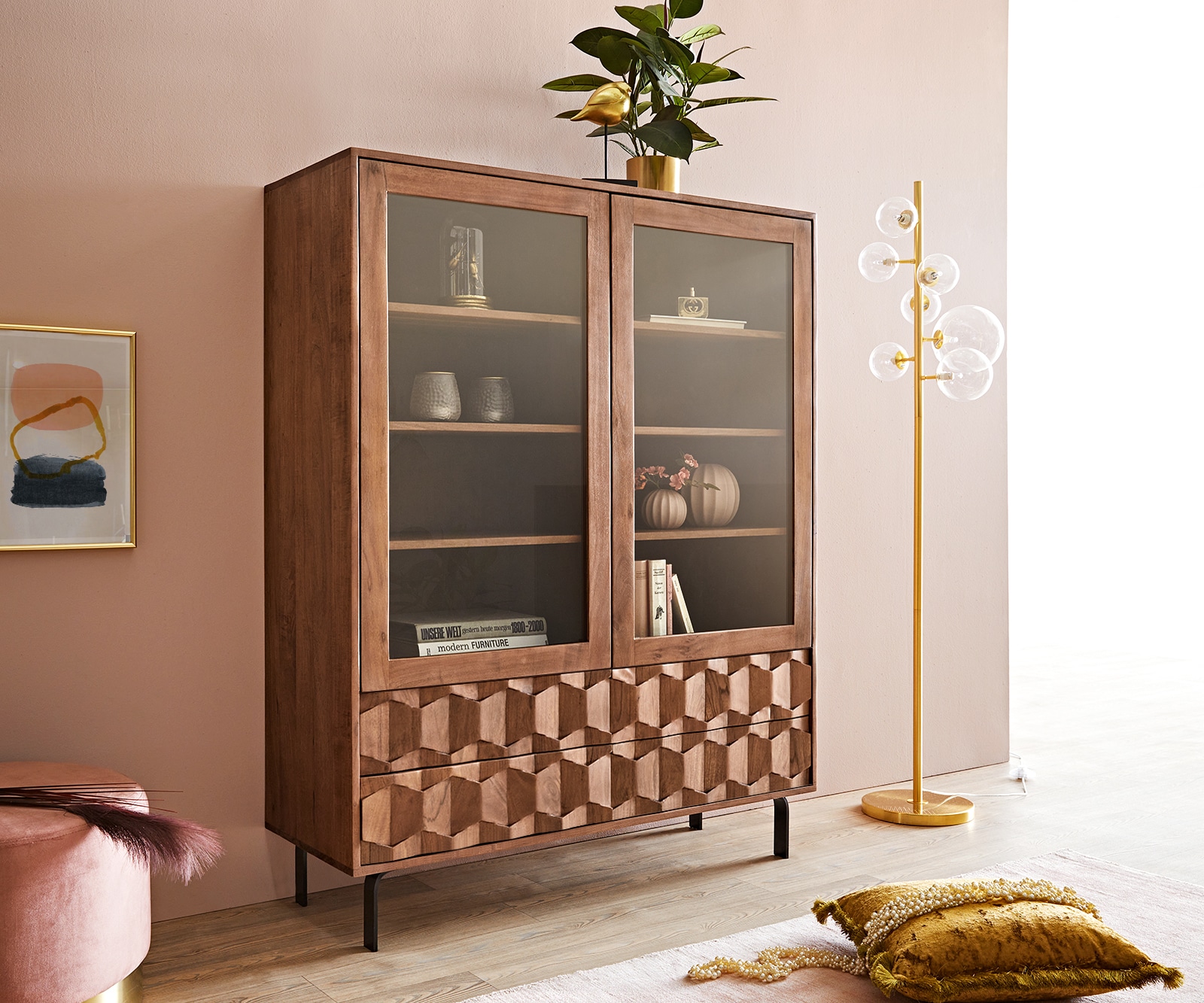 DELIFE Vitrine Fevo 115x150 cm Akazie Braun L-Fuß, Vitrinen Image