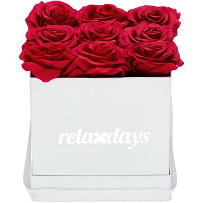 Relaxdays - Rosenbox eckig, 9 Rosen, stabile Flowerbox weiß, lange haltbar, Geschenkidee,