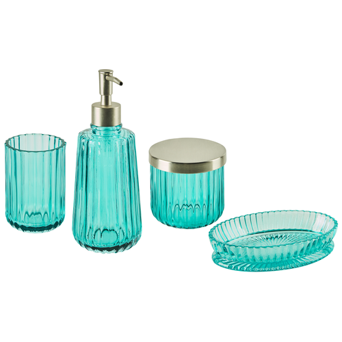 4-teiliges Badezimmer-Set Glas Türkis Seifenspender Seifenschale Zahnbürstenhalter Becher Eleganter Moderner Stil Badzubehör für WC Toilette