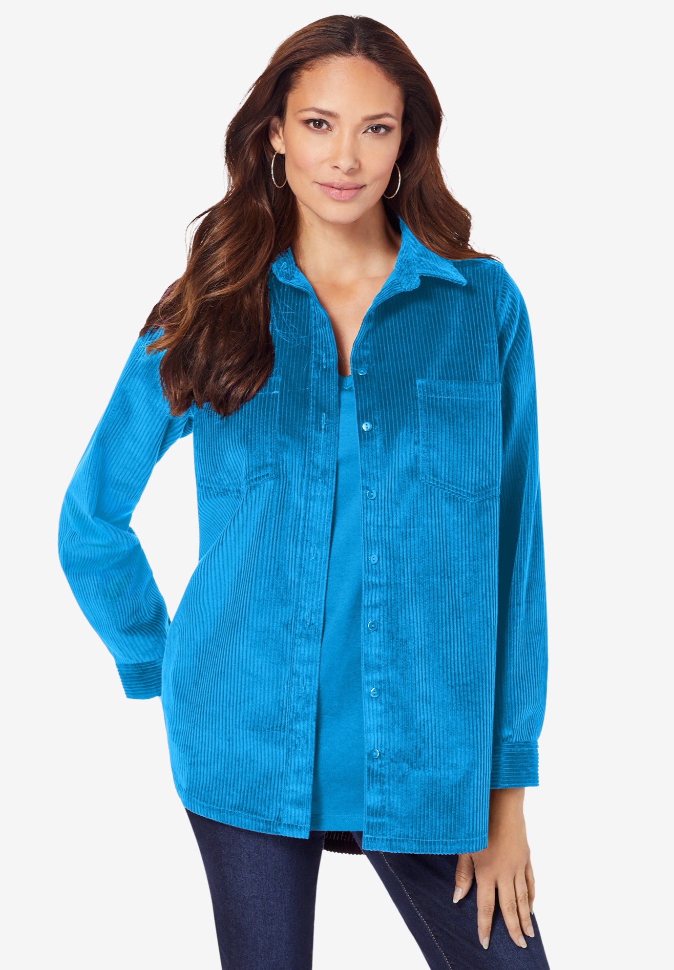 Plus Size Women's Corduroy Button-Front Shirt by Roaman's in Iris Blue (Size 42 W) Button Down