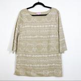 Lilly Pulitzer Tops | Lilly Pulitzer Boatneck Embroidered 3/4 Sleeve Tunic Size 14 | Color: Tan/White | Size: 14