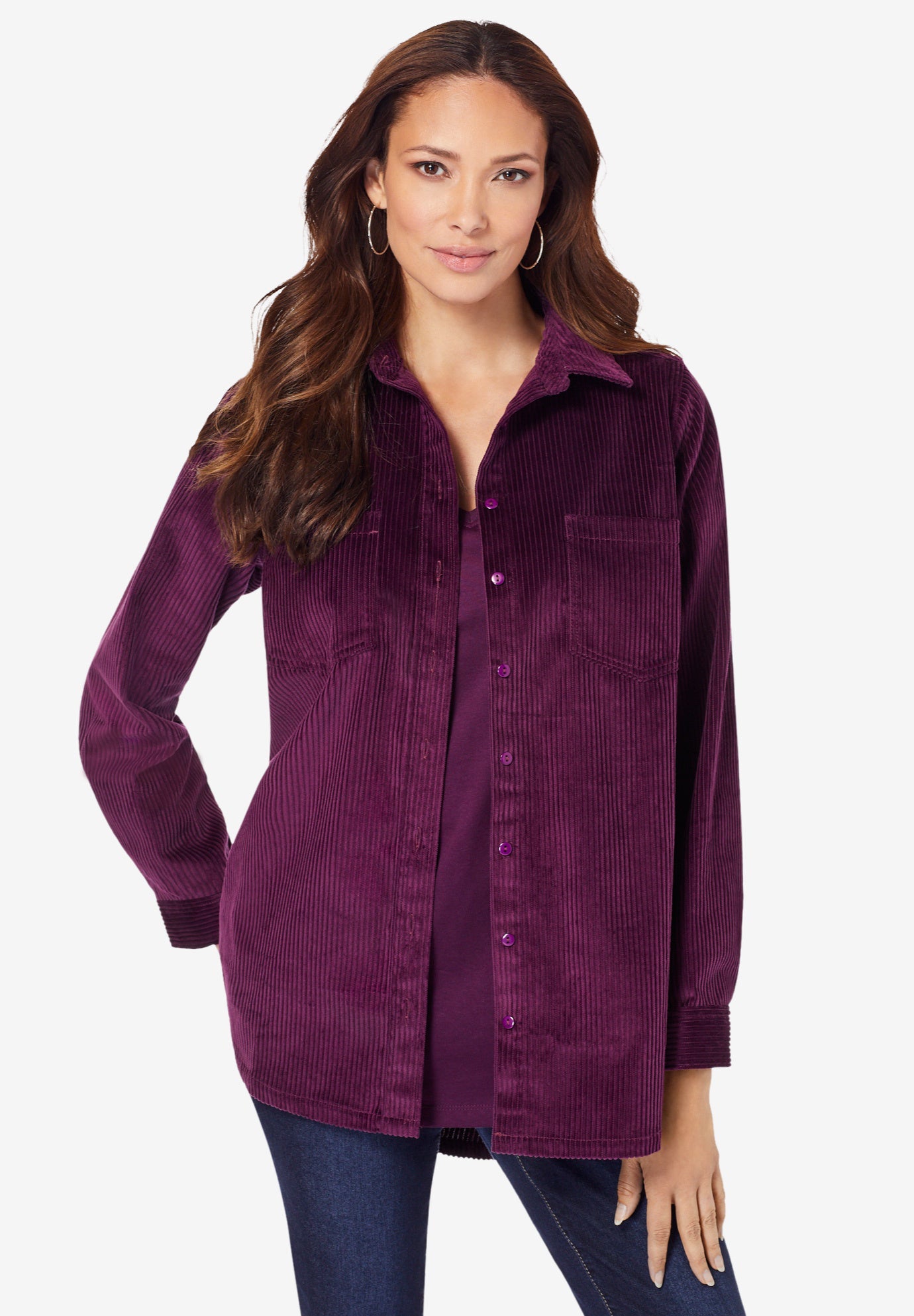Plus Size Women's Corduroy Button-Front Shirt by Roaman's in Dark Berry (Size 36 W) Button Down