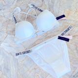 Victoria's Secret Swim | 32b Medium 2 Pc Set Shine Strap Bali Bombshell Add-2-Cups Push-Up Swimsuit | Color: Silver/White | Size: 32b
