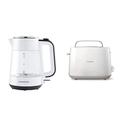 Grundig WK 5860 Wasserkocher, Glas, 2400W, 1,7 l, 2400, Aluminium, 1 Liter, Weiß/Schwarz & Philips Toaster – 2 Toastschlitze, 8 Stufen, Brötchenaufsatz, Auftaufunktion, Liftfunktion, weiß (HD2581/00)