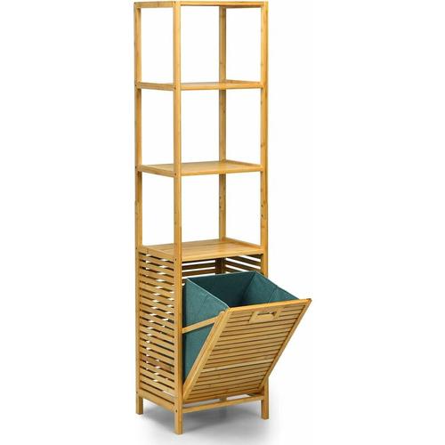 Hochschrank mit 3 offenen Faechern, Badezimmerschrank mit Waeschekorb, Badschrank aus Bambus,