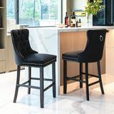 Button Tufted Velvet Upholstered Bar Stool with Backs Set of 2,Modern Barstools with Pull Ring, Kitchen Stool with Wood Frame