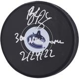 Brock Boeser Vancouver Canucks Autographed Hockey Puck with "300th NHL Game 2/24/22" Inscription