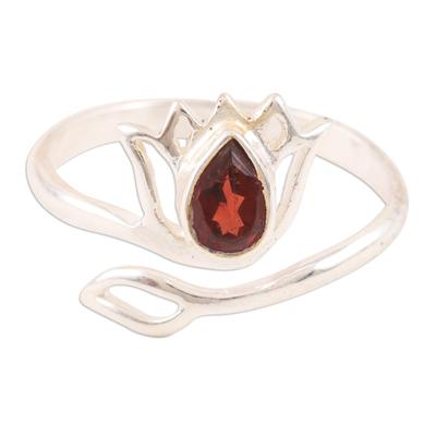 Radiant Lotus,'Garnet and Sterling Silver Lotus Wrap Ring from India'