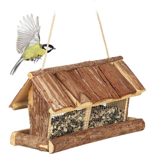 Vogelfutterhaus Holz, mit Futtersilo, zum Hängen, hbt 19 x 31,5 x 16 cm, Futterspender Kleinvögel,