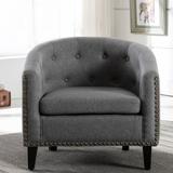 Chesterfield-Inspired Linen Tufted Button Barrel Chair Accent Chair Club Chair, Solid Wood Frame Living Room Side Chair