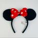 Disney Accessories | Authentic Disney Parks Minnie Mouse Ears Plush Black Red Bow Hair Band Headband | Color: Black/Red | Size: Os