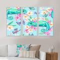 Red Barrel Studio® Green Chameleon w/ Butterflies & Flowers IV - 3 Piece Graphic Art on Canvas Canvas, Wood in White | 20 H x 36 W in | Wayfair