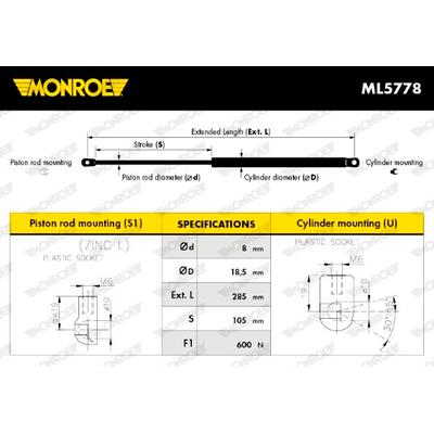 MONROE Gasfeder, Koffer-/Laderaum 600N für SEAT 6L5827550B ML5778 Image