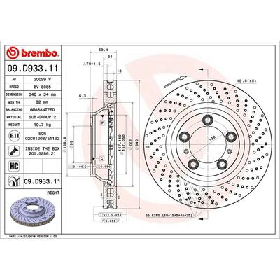 BREMBO Bremsscheibe COATED DISC LINE vorne rechts Gelocht/innenbel. 340mm für PORSCHE 99135140402 99135140401 09.D933.11