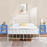 3-Pieces Bedroom Set with Platform Bed Frame and 2 Dark Blue Nightstands