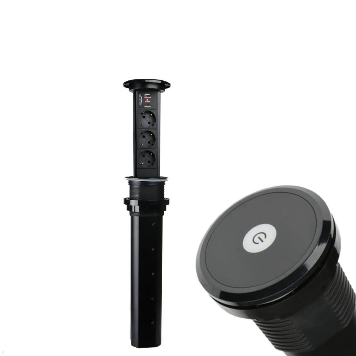 TecLines TVS006B versenkbare 3-fach Steckdosenleiste mit USB A/C, Qi, schwarz Image