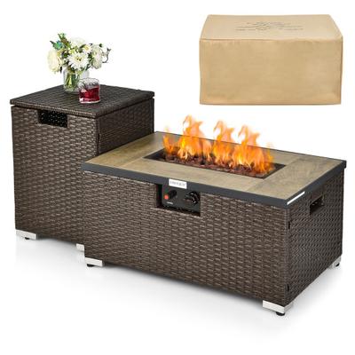Costway 32 x 20 Inch Propane Rattan Fire Pit Table Set with Side Table Tank and Cover-Brown