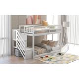 Twin over Twin Stairway Bunk Bed, Double Guardrails Bunk Bed with Ladder and Storage