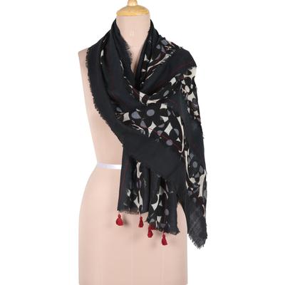 Floral Magic,'Floral Patched Wool Shawl with Tassels Woven in India'