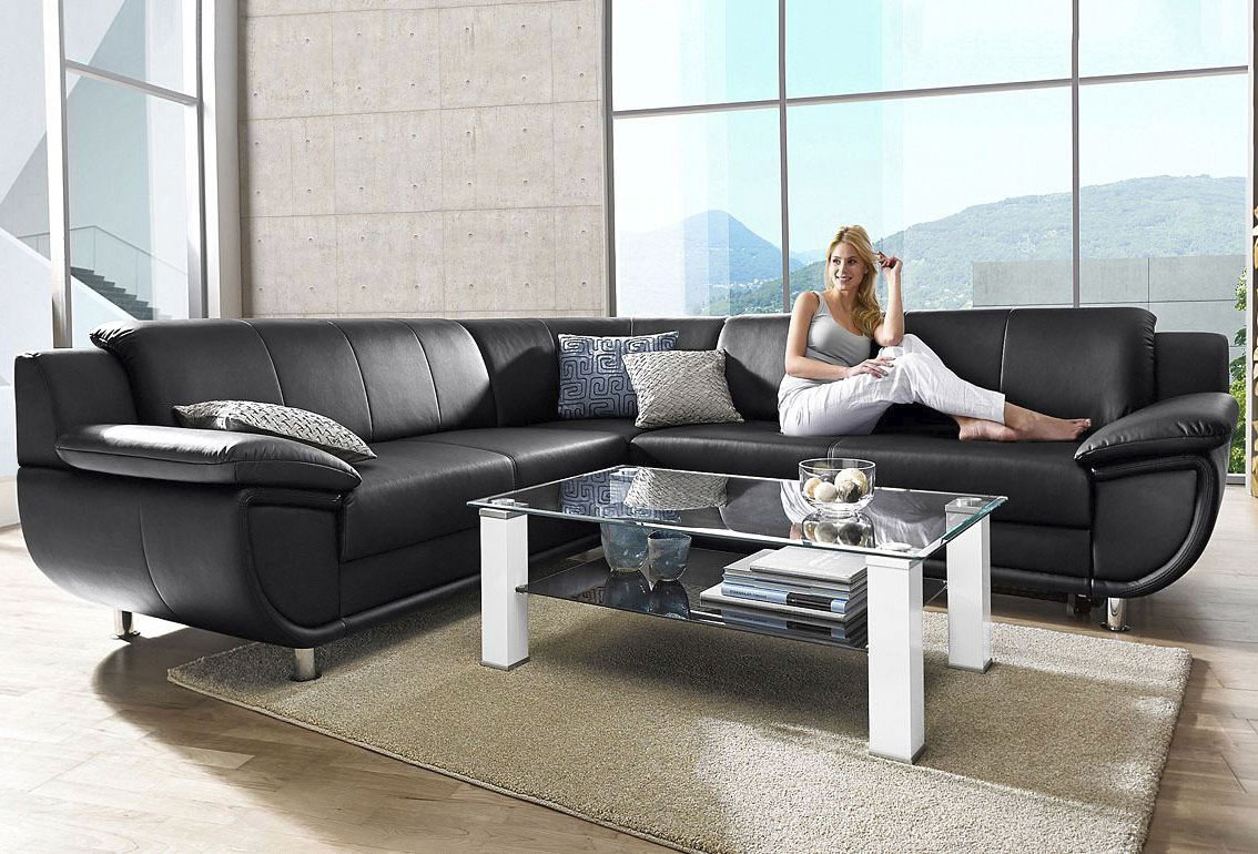 Ecksofa TRENDMANUFAKTUR "Rondo wahlweise mit Schlaffunktion, bequeme Armlehnen, Bestseller", schwarz, B:267cm H:85cm T:247cm, Microfaser PRIMABELLE (100% Polyester);Kunstleder SOFTLUX;Struktur (54% Polyacryl, 46% Polyester);NaturLEDER (echtes...