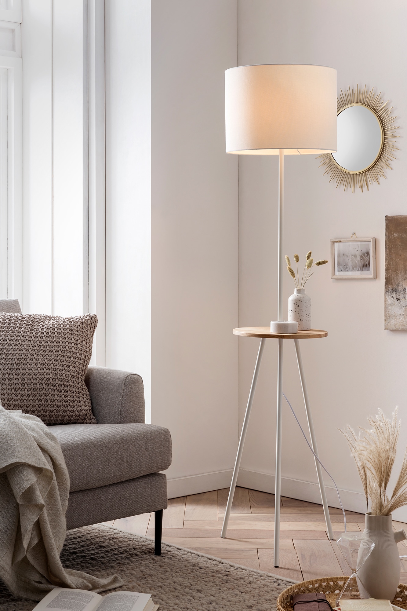 SALESFEVER Stehlampe "Carlson", weiß, 1, Ø 35,5cm H: 152cm, 1 Stk., Leuchten, mit Holztablett, Stehlampe Standleuchte Image