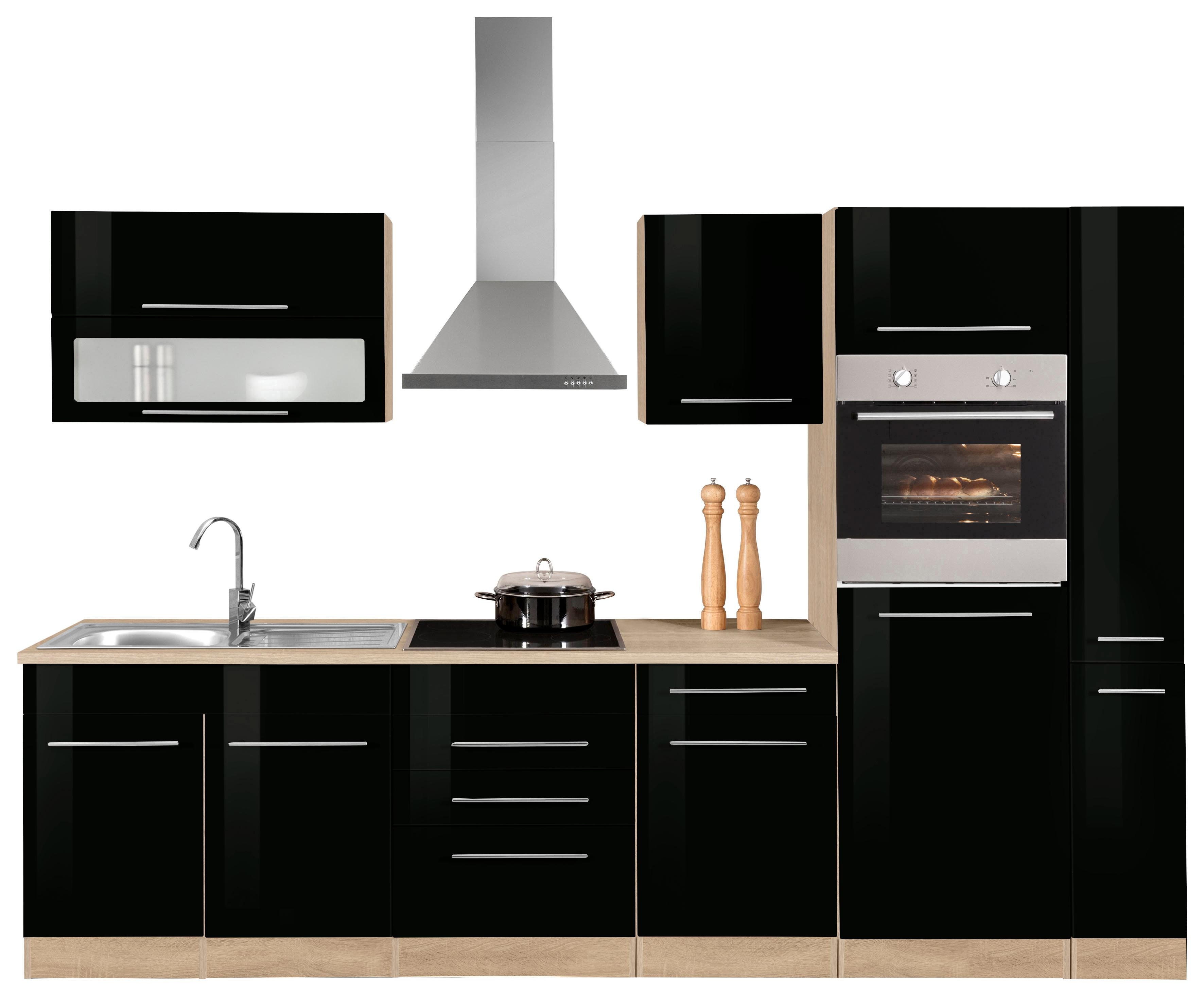 Küchenzeile KOCHSTATION "KS-Eton", schwarz (küche: schwarz, korpus: eichefarben, arbeitsplatte: eichefarben), B:300cm T:60cm, Komplettküchen-Sets, Küchenzeile, ohne E-Geräte, Breite 300 cm