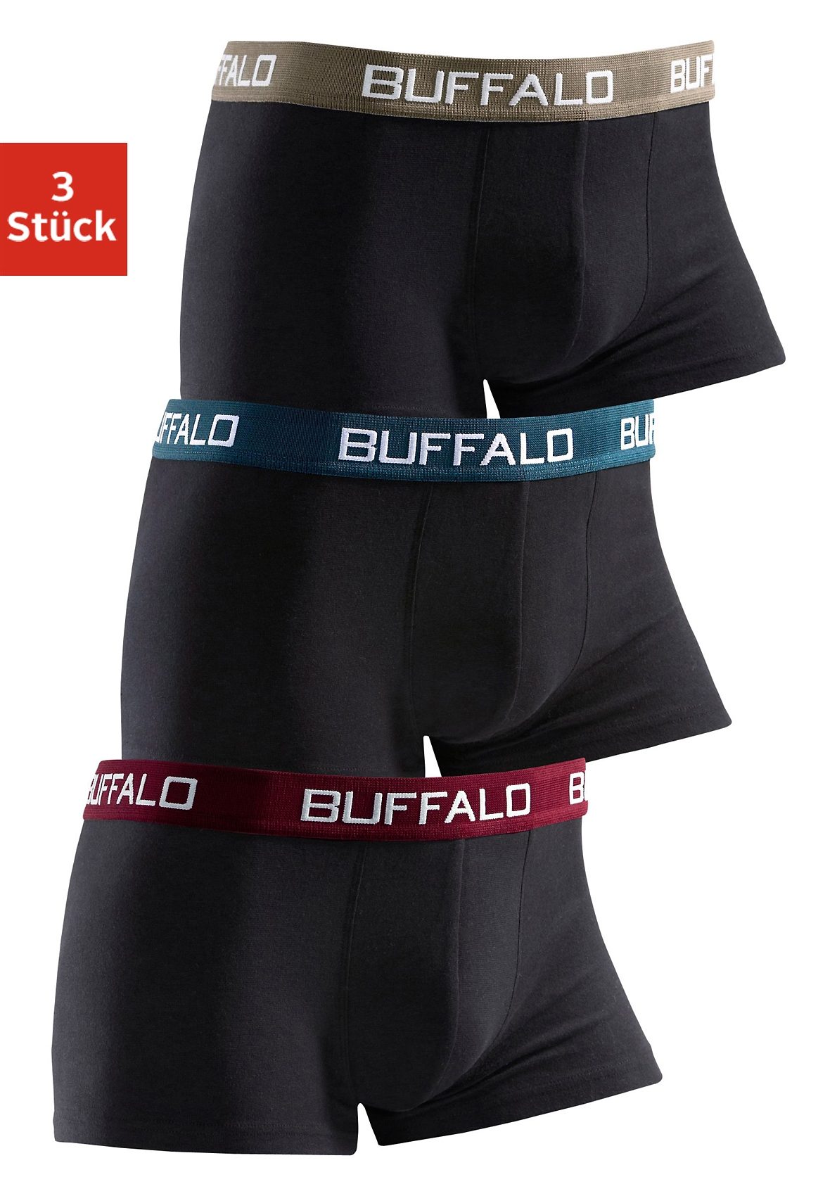 Boxer BUFFALO "Boxershorts für Jungen", Kinder, Gr. 128, bunt (schwarz, bordeaux, schwarz, grün, schwarz, grau), Jersey, Obermaterial: 95% Baumwolle, 5% Elasthan, unifarben, körpernah, Unterhosen, mit kontrastfarbenem Bündchen Image