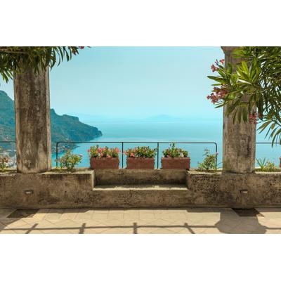 Fototapete PAPERMOON "PERGOLA-TERRASSE STRAND KLIPPEN KÜSTE BLUMEN GEBIRGE", bunt, B:5,00m L:2,80m, Vlies, Tapeten