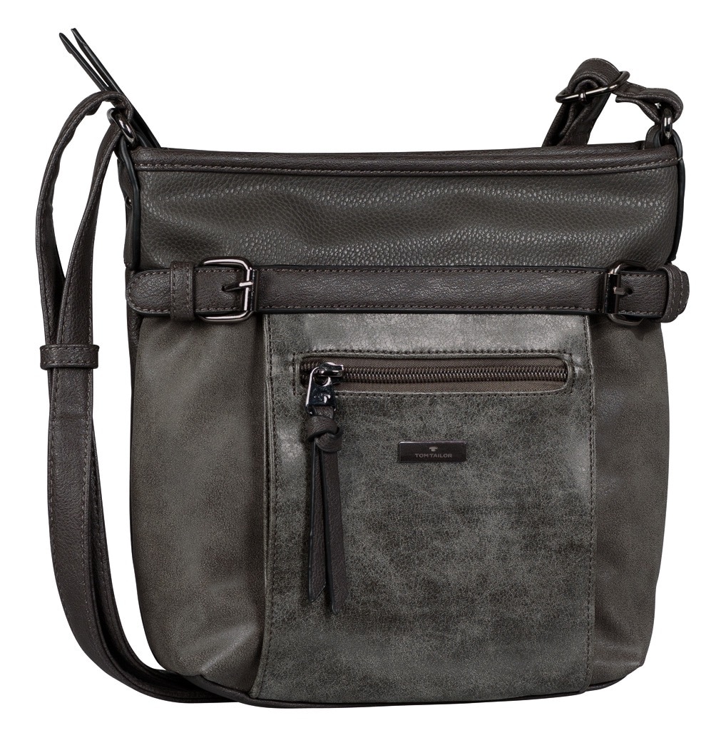 Umhängetasche TOM TAILOR "JUNA", Damen, Gr. B/H/T: 24cm x 7,5cm, grau, Polyurethan (PU), Taschen Umhängetasche, mit Details in Metallic Optik
