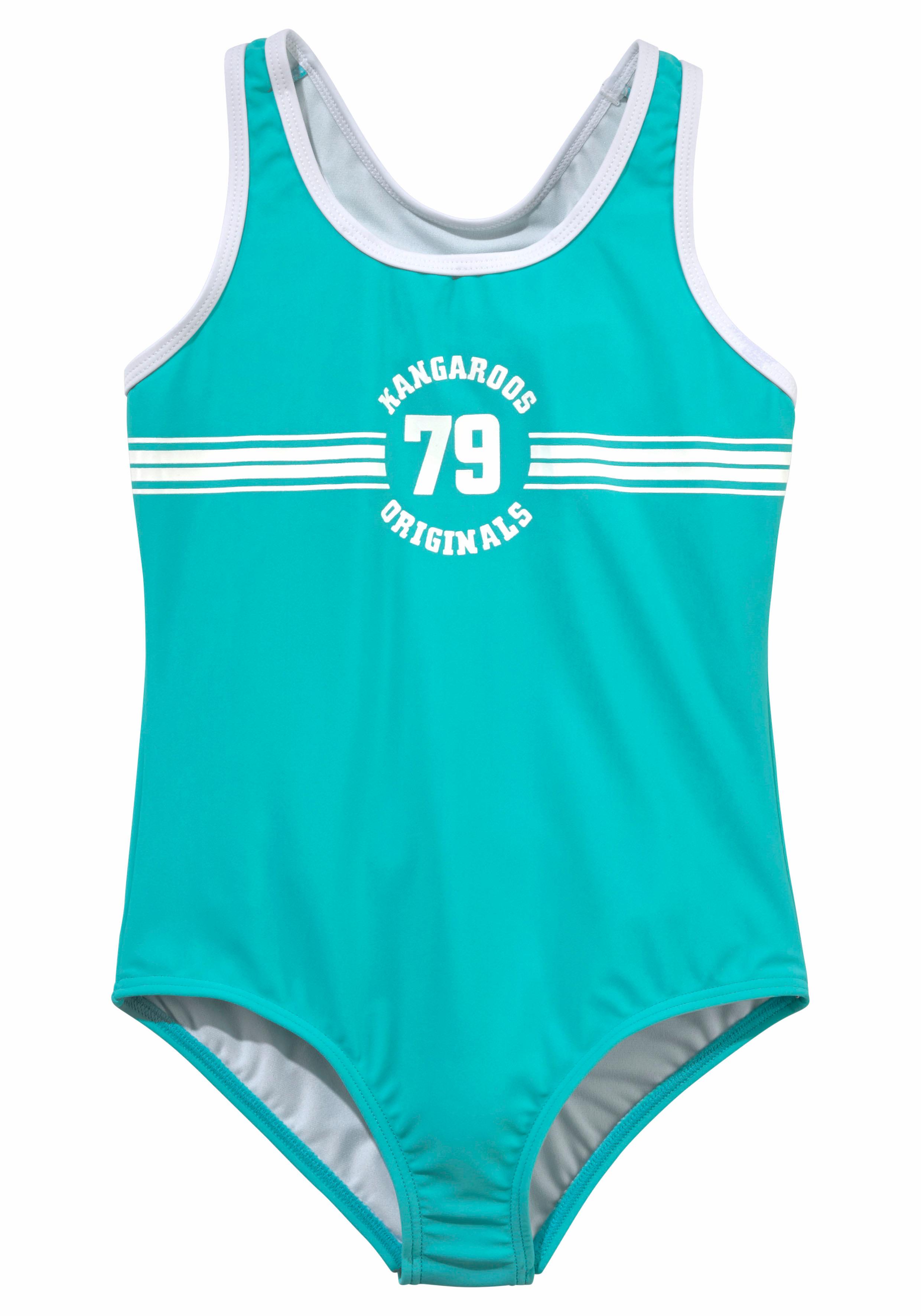 Badeanzug KANGAROOS "Sporty", Kinder, Gr. 158/164, N-Gr, blau (türkis), Polyamid, unifarben, Badeanzüge, mit sportlichem Frontdruck Image