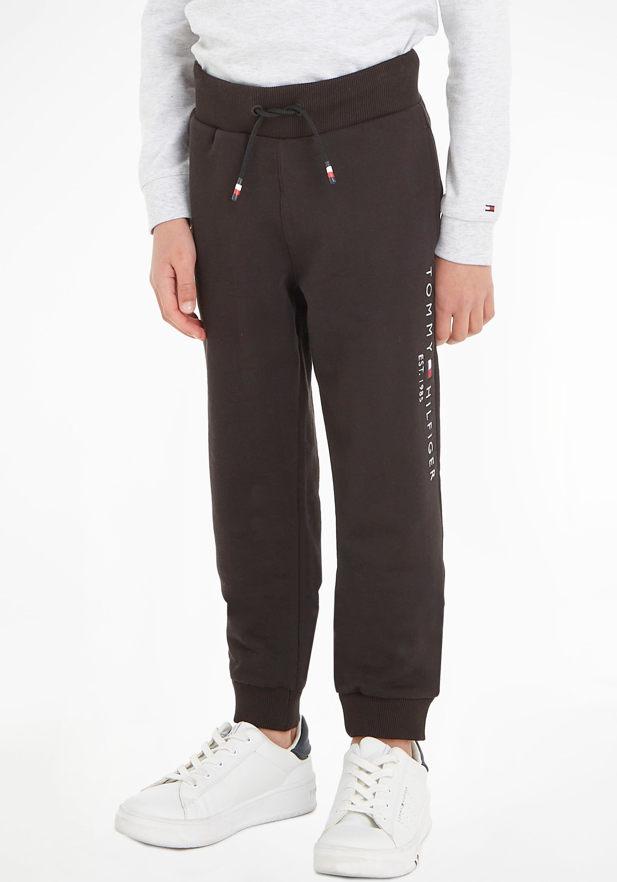 Sweathose TOMMY HILFIGER "ESSENTIAL SWEATPANTS", Jungen, Gr. 6/116, N-Gr, schwarz, Sweatware, Obermaterial: 100% Baumwolle, unifarben, regular fit lang, Hosen, Kinder Kids Junior MiniMe,für Jungen Image