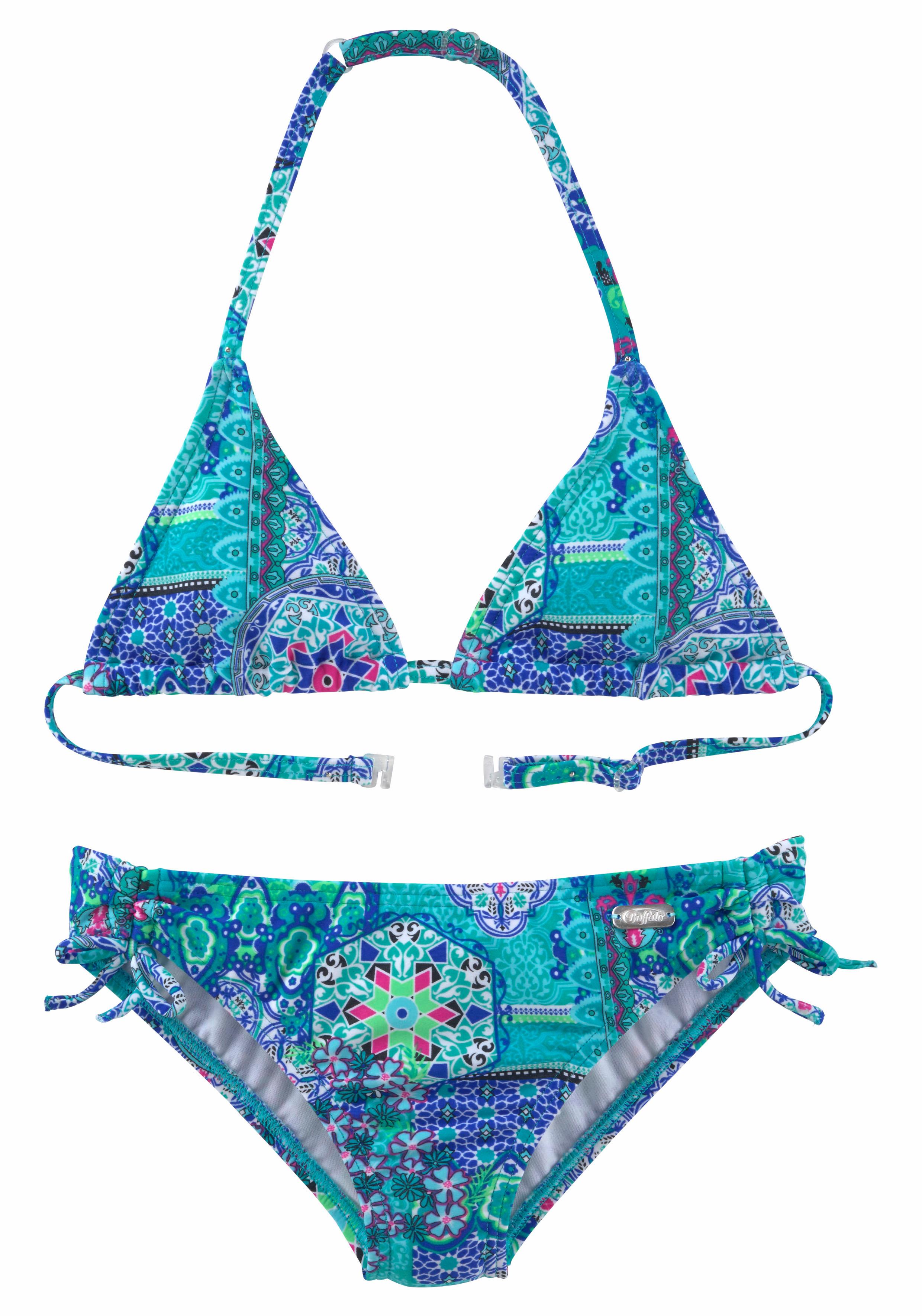 Triangel-Bikini BUFFALO "Shari Kids", Mädchen, Gr. 158/164, N-Gr, grün (türkis, bedruckt), Polyamid, Paisleymuster, Bikini-Sets Triangel-Bikini, im Folklore-Print