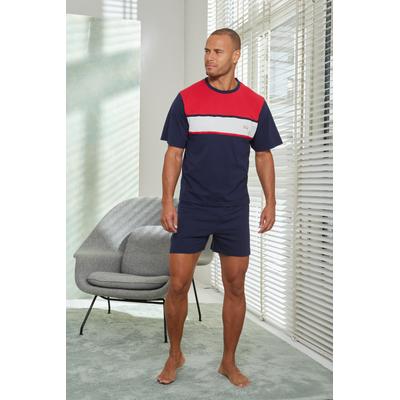 Pyjama H.I.S, Herren, Gr. 60/62 (XXL), weiß (marine, rot, weiß), Jersey, Obermaterial: 100% Baumwolle, unifarben mit Farbeinsätzen, Basic, bequem kurz, Rundhals, Kurzarm abgesteppte Kante, Homewear-Sets, Schlafanzug mit breitem Streifen Image