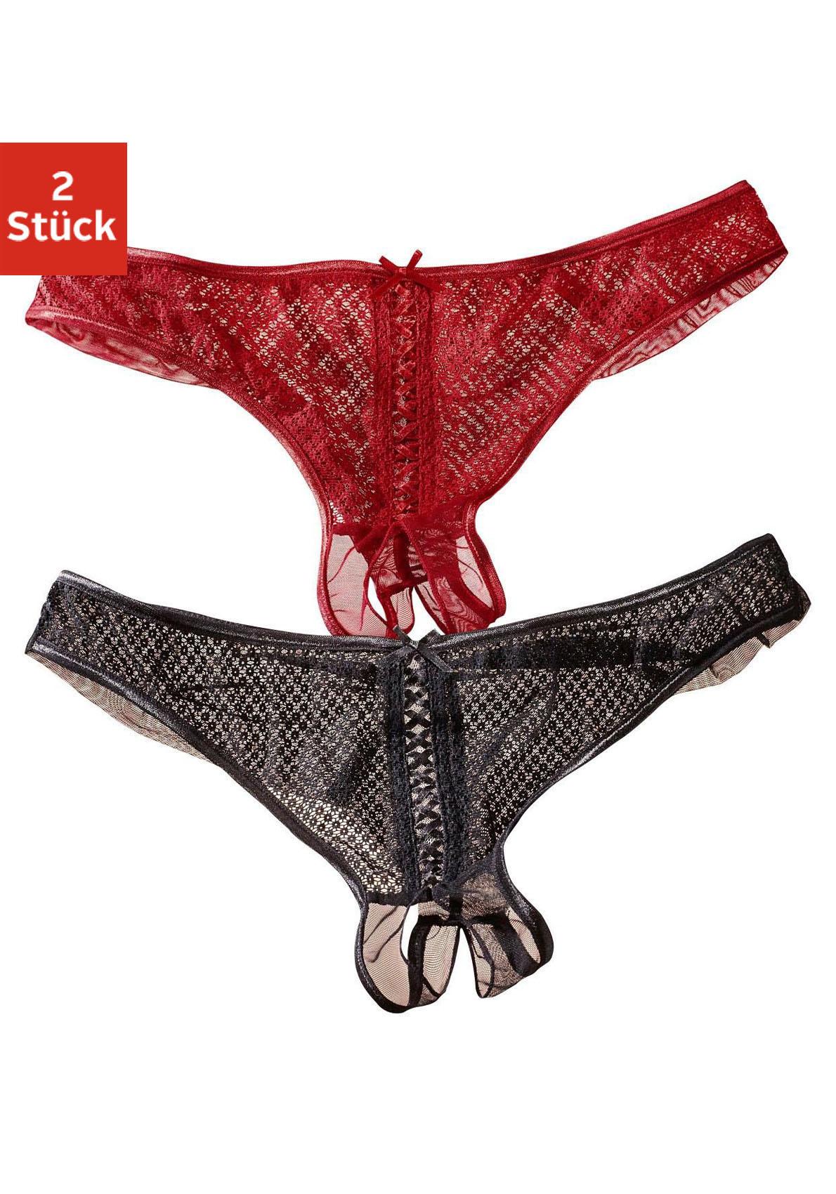 String-Ouvert PETITE FLEUR GOLD, Damen, Gr. 44/46, 2 Stk., rot (rot, schwarz), Netz, Obermaterial: 90% Polyamid, 10% Elasthan, Unterhosen, vorne mit sexy Schnür-Optik