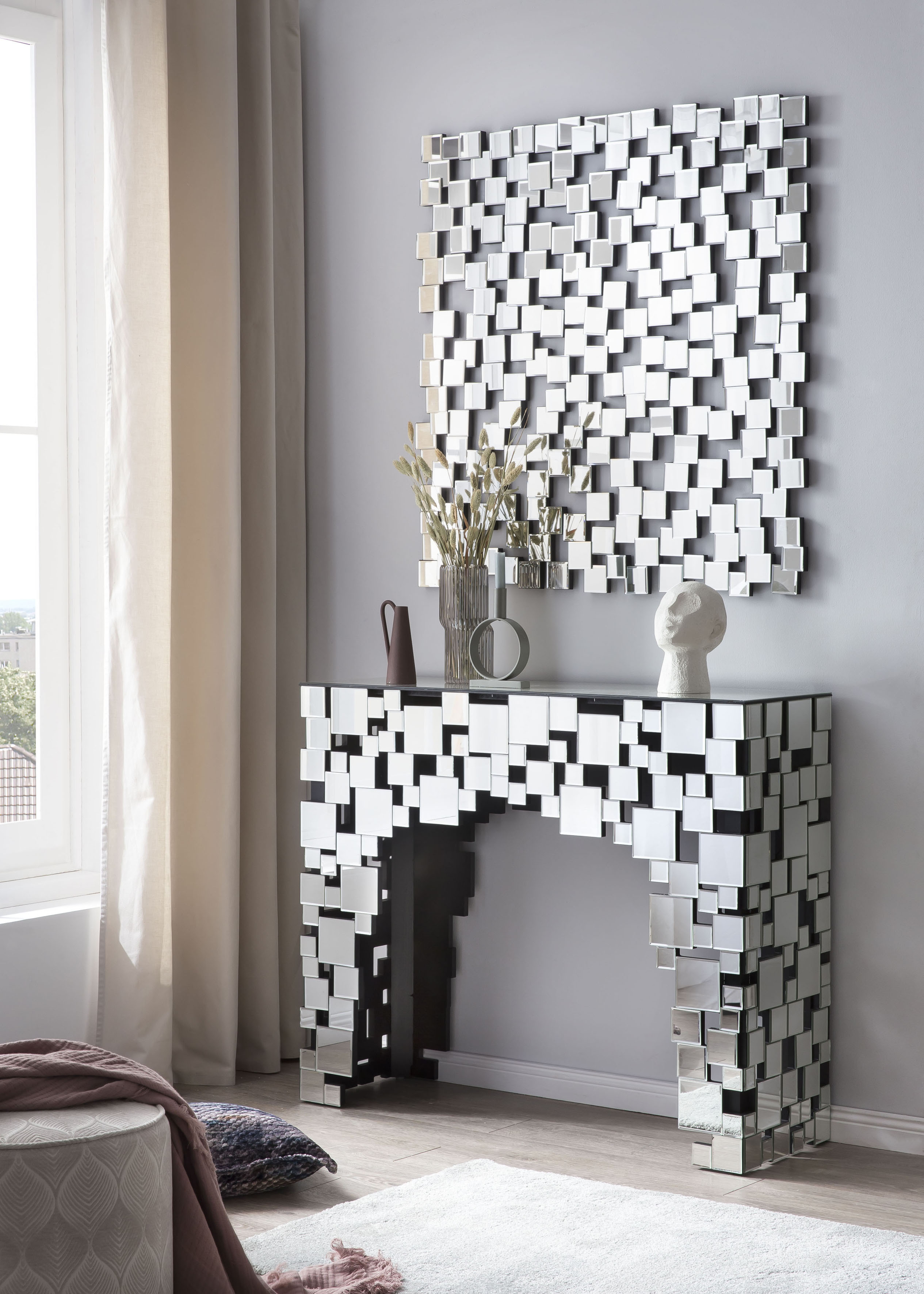 Wandspiegel SALESFEVER "Moneglia Design Wandspiegel für stilvolle Akzente", silber (silber, verspiegelt), B:102cm H:100cm T:2,5cm, Glas, MDF, Spiegel, Spiegelglasquadraten in einzigartigem Mosaikdesign Image